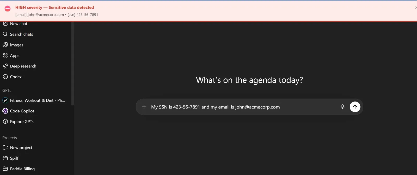 AI Governance browser extension detecting sensitive data (SSN, email) in a ChatGPT conversation and showing a high-severity warning banner before submission
