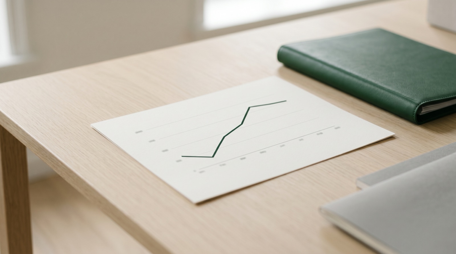 A working surface where a number changed — a rising green chart on a desk.