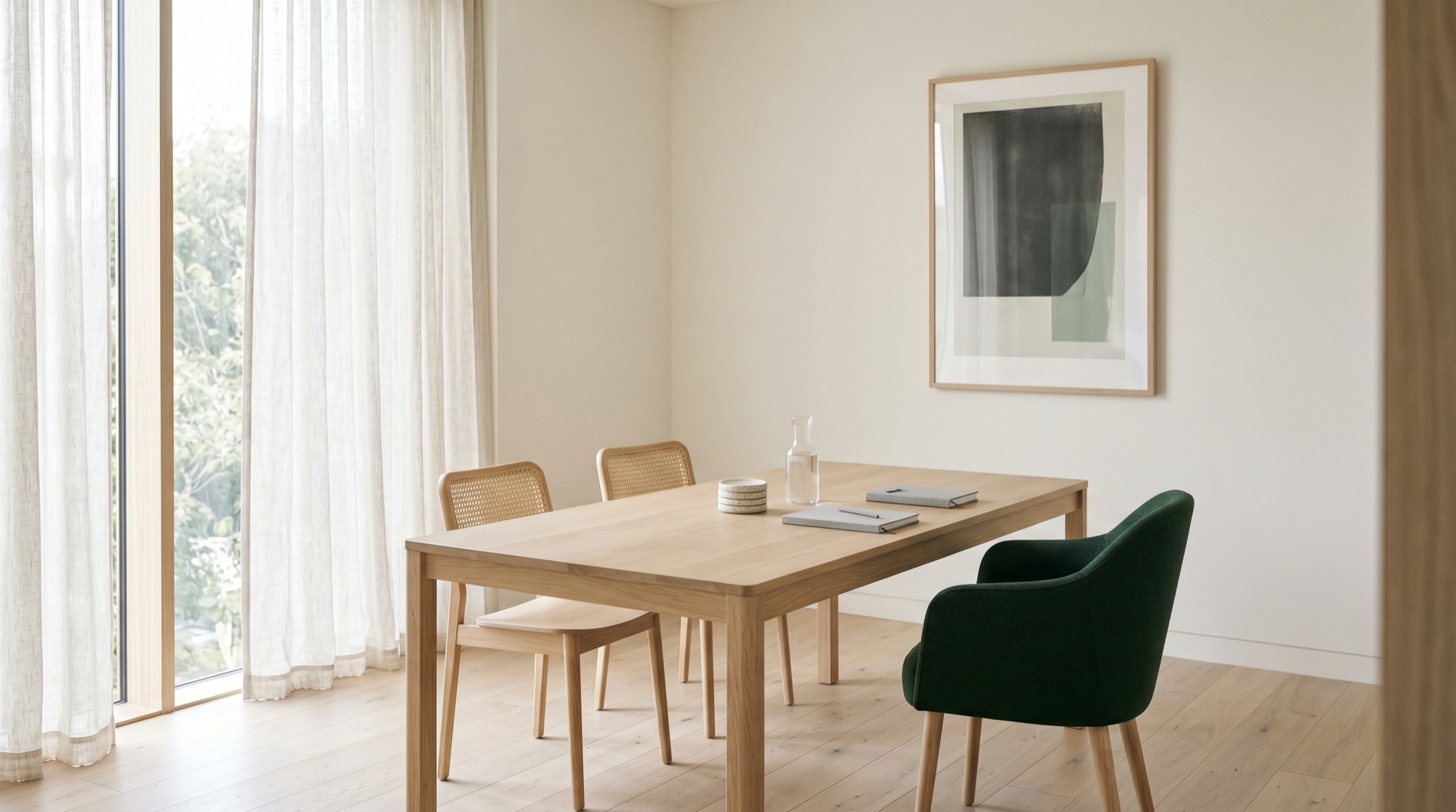 The working room in plain daylight — a wood table, chairs, and a sunlit window. No people.
